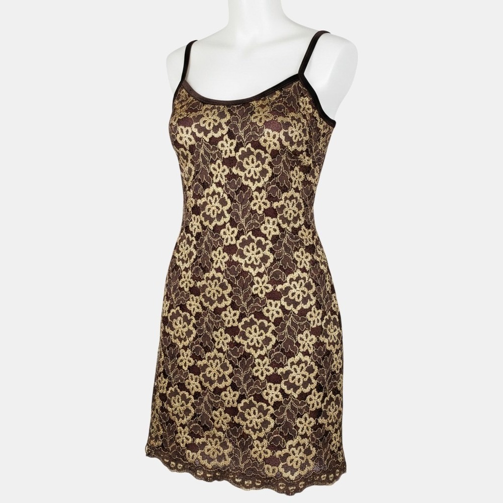 Vintage Aziz Womens‎ 9 Brown Gold Floral Lace Mini Dress Velvet Trim Party USA